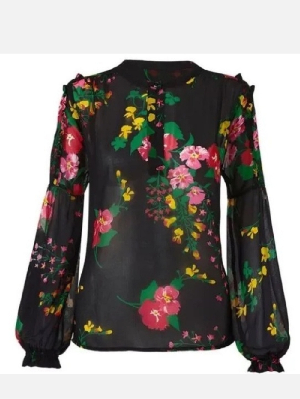 CAbi Black Floral Semi Sheer Thespian Top Blouse #5706